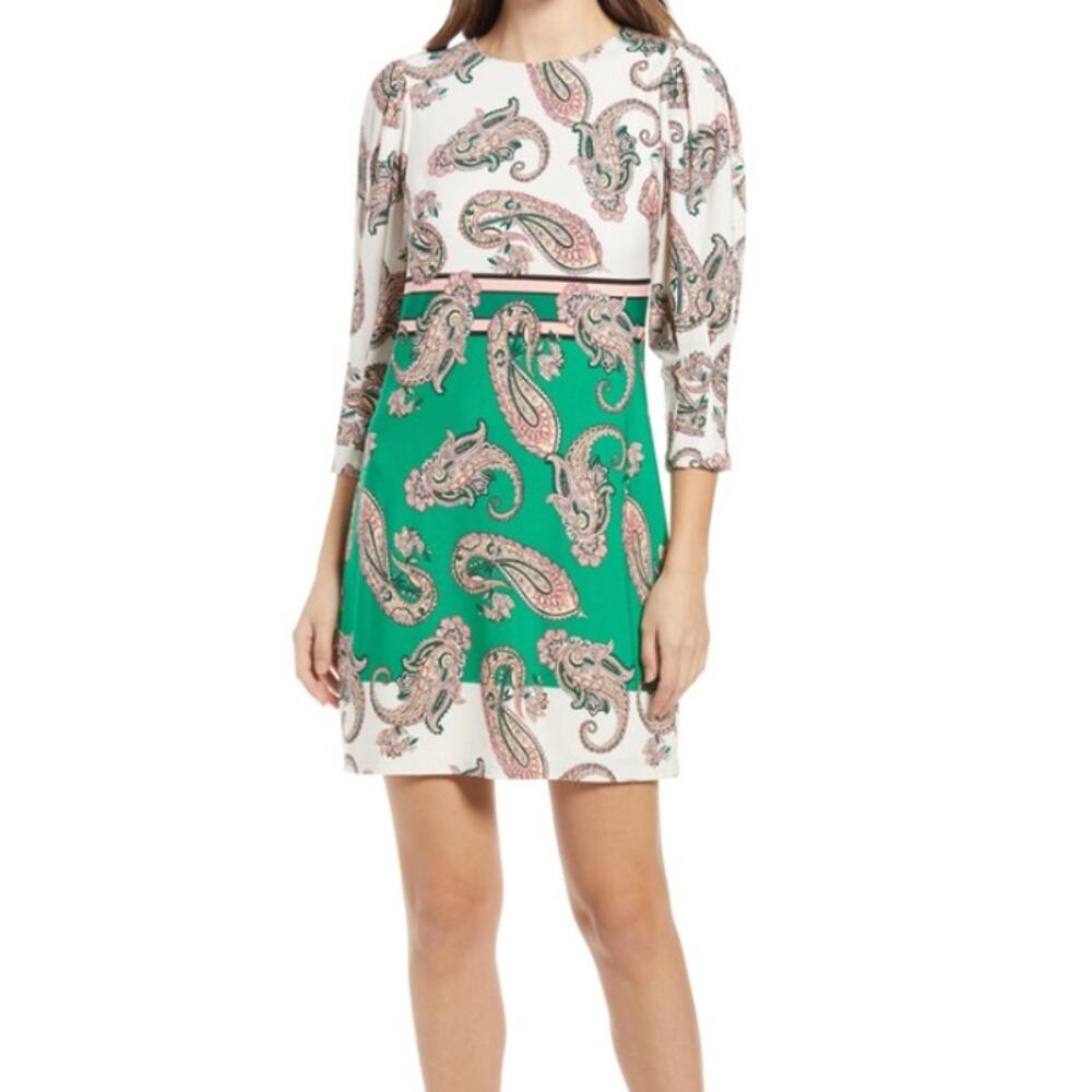Vince Camuto Paisley Mix Long Sleeve Dress, Size 10